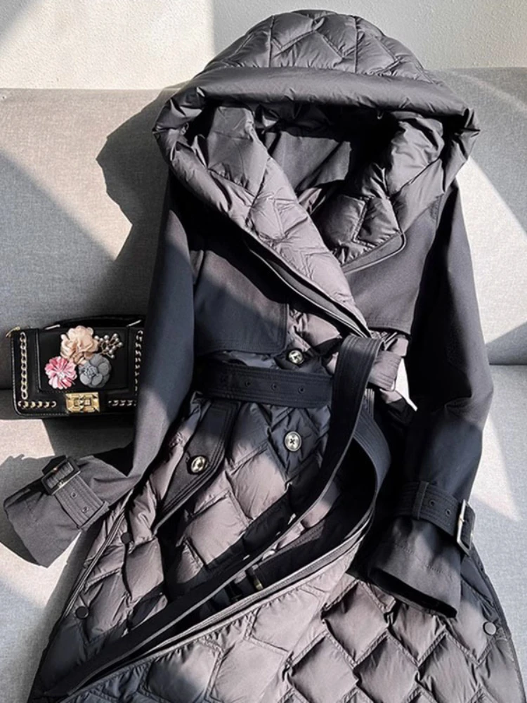 المرأة طويلة شتاء دافئ الطبيعية أوزة ريشة أسفل سترة فاخرة معطف فضفاض مقنعين ملابس خارجية الشارع الشهير موضة جديدة #6