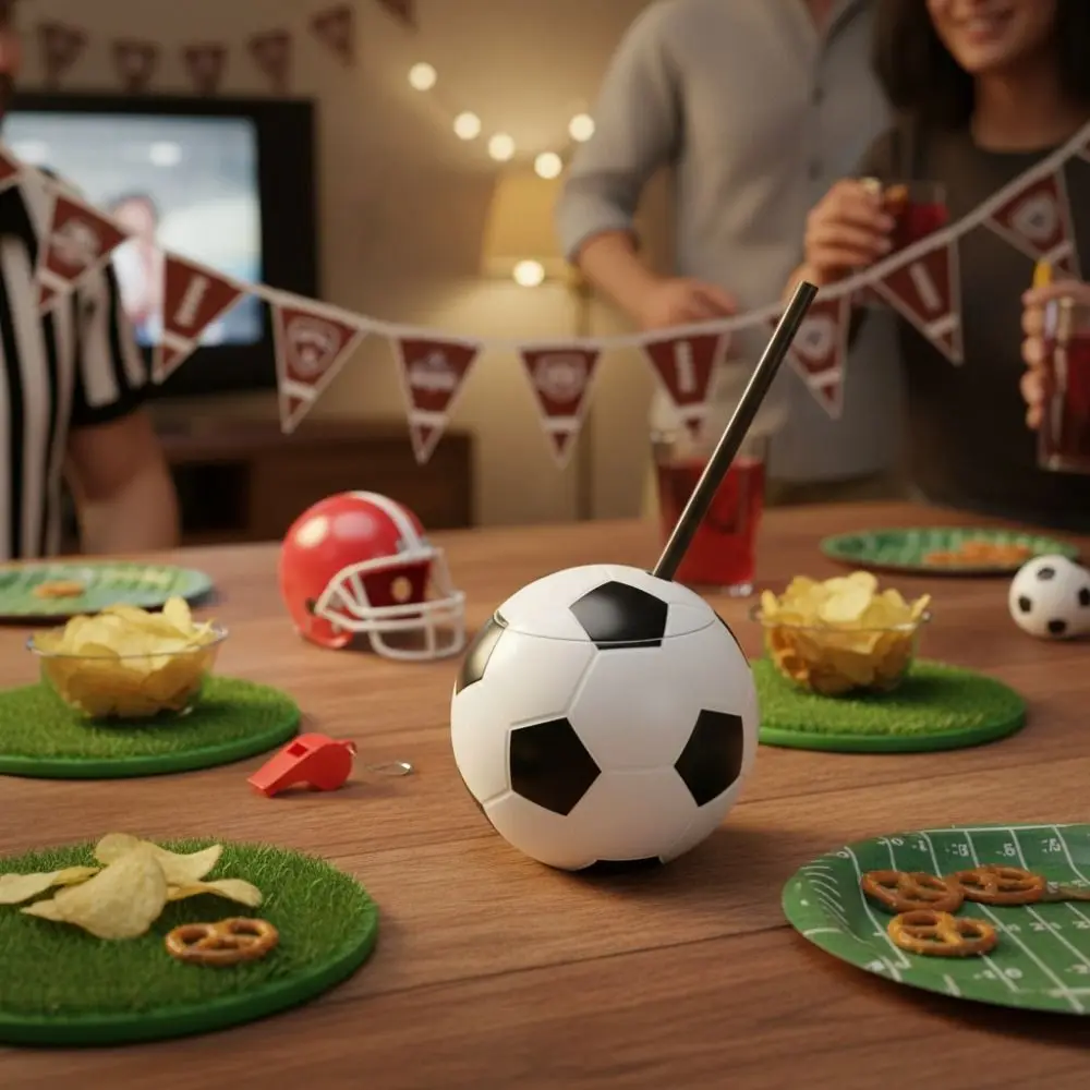 450 ML Soccer Shaped Drink Cup with Straw and Lid Food Grade Plastic Football Theme Water Cup Realistic Ball Shape Straw Cup