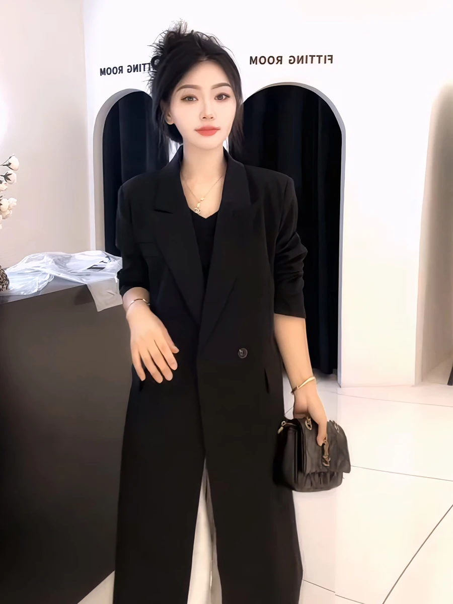 Novo Casaco Feminino Casual de Alfaiataria, Comprimento até o Joelho, Estilo para o Dia a Dia, Caimento Solto, Manga Longa, Primavera Outono 2025