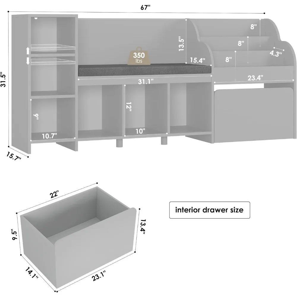 67-дюймовый детский уголок для чтения с скамейкой, детская книжная полка и книжный шкаф с подушкой для сиденья и 6 кубиками для хранения, ящик для хранения игрушек на колесиках