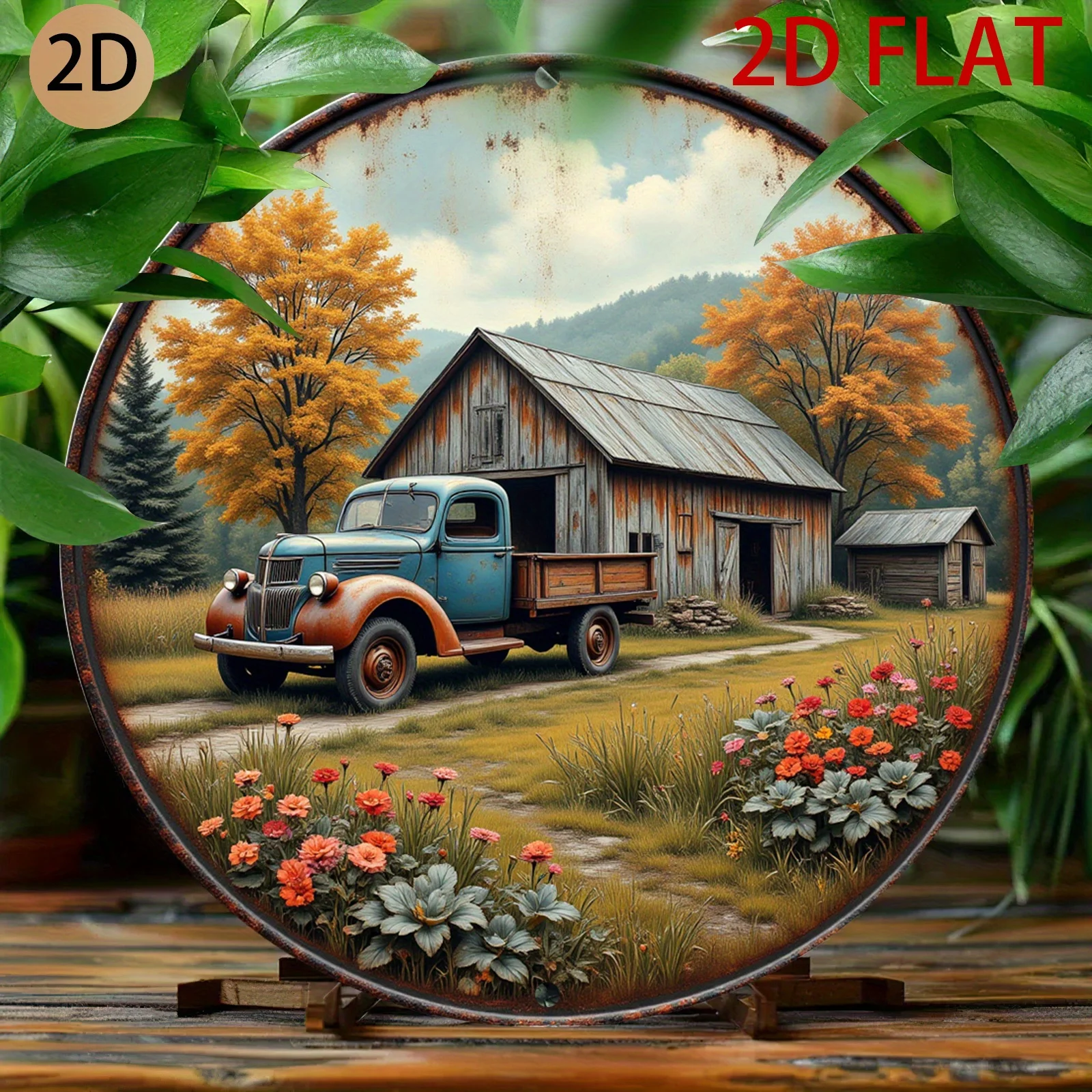 Vintage Farm Truck & Barn Metal Wall Art - Turquoise Blue Rustic Farmhouse Sign with Red Pickup Truck, Barn & Autumn Foliage - /