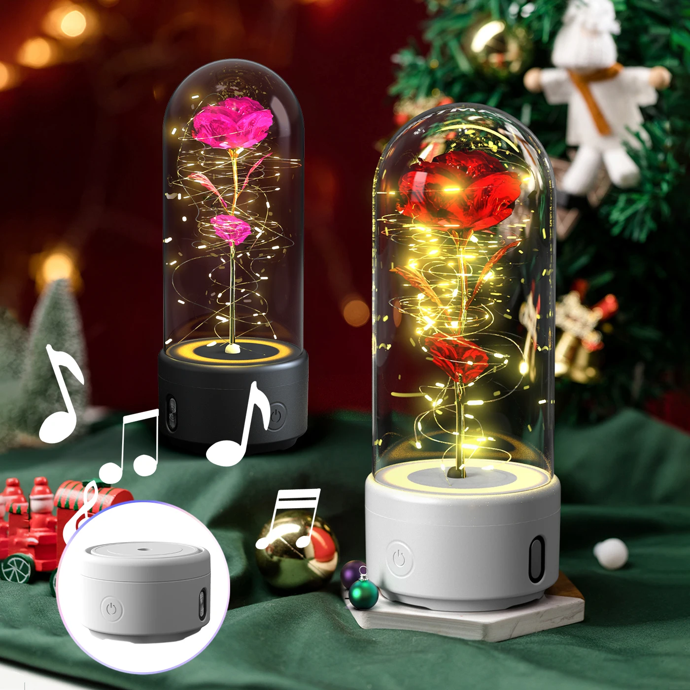 Creative 2 In 1 Rose Flowers LED Light And Bluetooth Speaker Valentine's Day Gift Rose Luminous Night Light Ornament In Glass Co