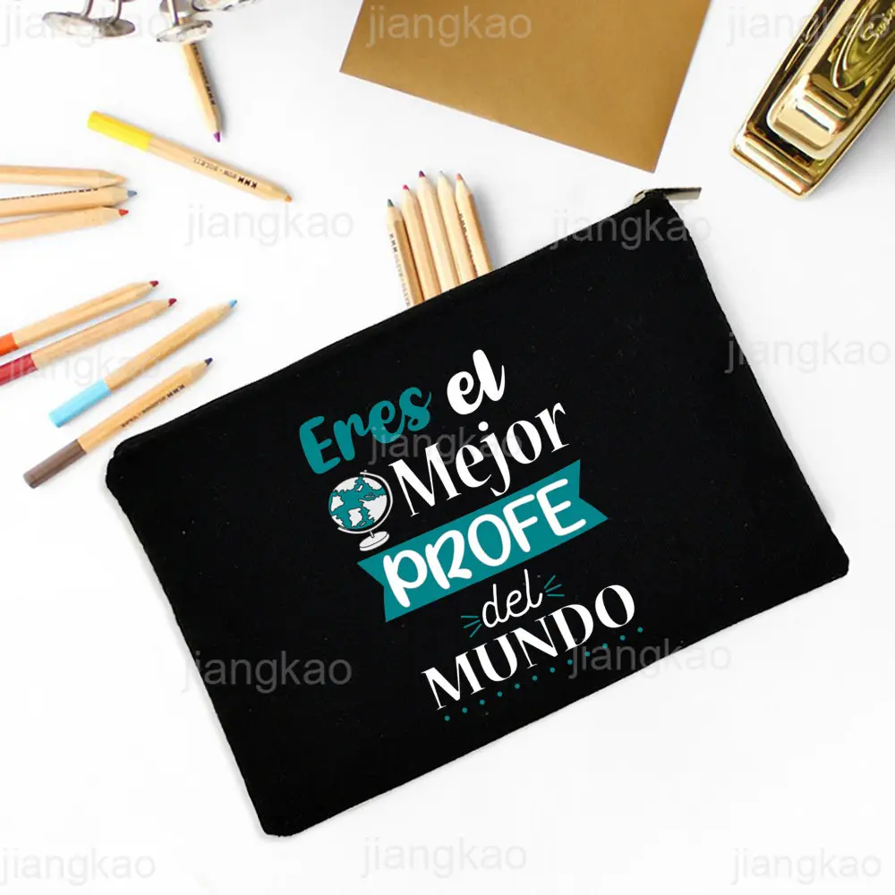 Best Teacher In The Word Spanish Print Pencil Bag School Stationery Supplies Storage Bags Travel Makeup Bag Toiletry Pouch Gifts