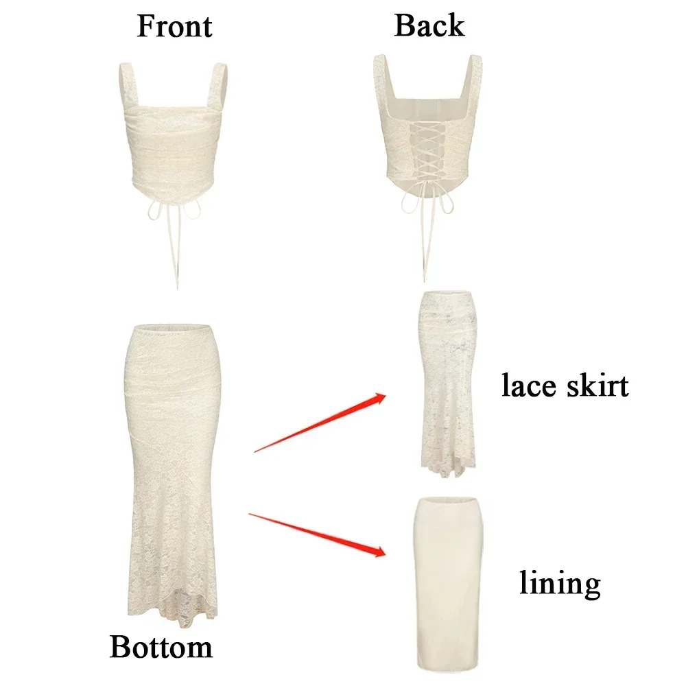Oligai Elegant Summer Matching Sets 2025 Maxi White Lace Drawstring Dress Elegant Top and Maxi Skirt Set for Party
