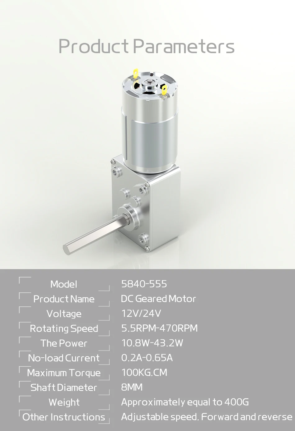 5840-555 Miniatur-Gleichstrommotor mit gebürstetem Gleichstrommotor, 12 V, 24 V, verlängerter Wellenausgang, 11 U/min ~ 470 U/min, Vorwärts- und Rückwärts-Schaltgeschwindigkeitsregelmotor – Detail 16