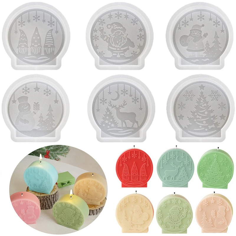 Round Christmas Candle Silicone Mold Santa Claus Snowmen Xmas Tree Plaster Epoxy Resin Soap Making Mold New Year Gift