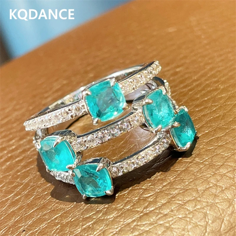 

KQDANCE Luxury Solid 925 Sterling Silver With Cushion Cut Created Paraiba Blue High Carbon Diamond Cocktail Rings Fine Jewelry