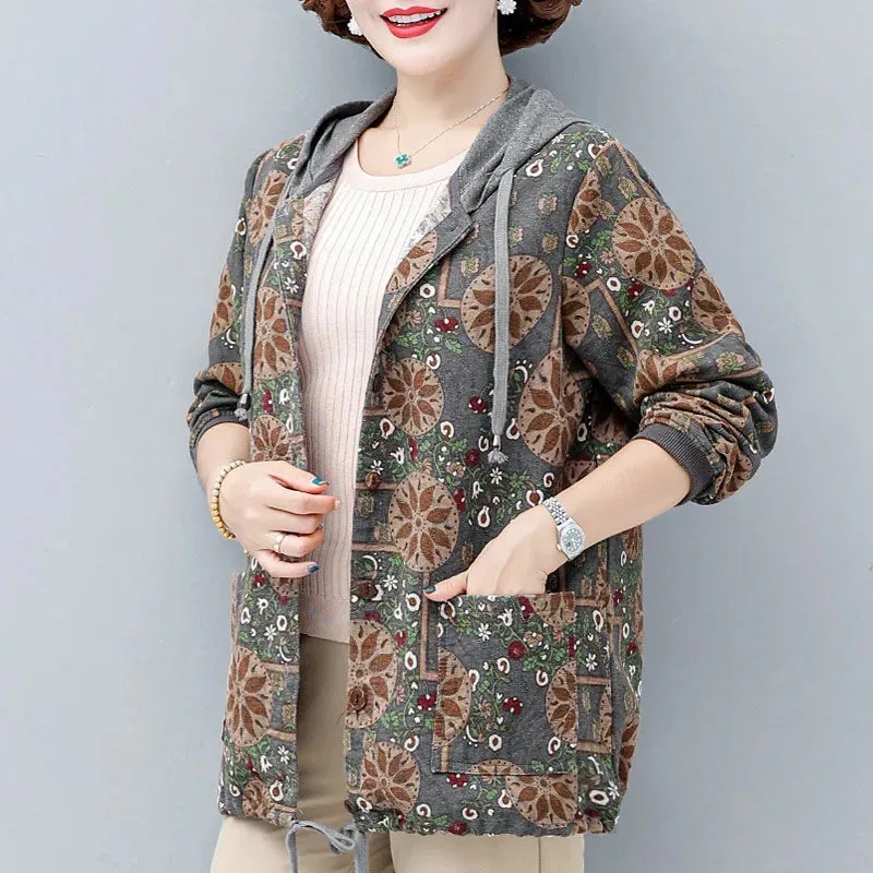 Spring Autumn Short Jacket Women 2023 New Loose Drawstring Hooded Coat Fashion Print Leisure Single-Breasted Outerwear Female