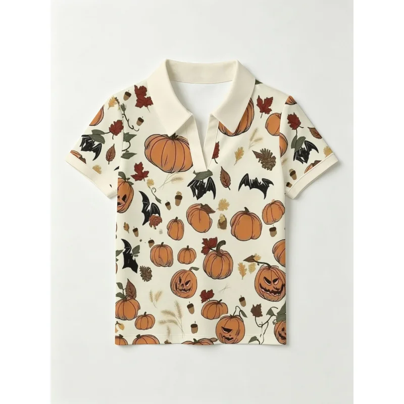 This year's new fashionable and versatile women's clothing polo Off-white pumpkin maple leaf bat autumn