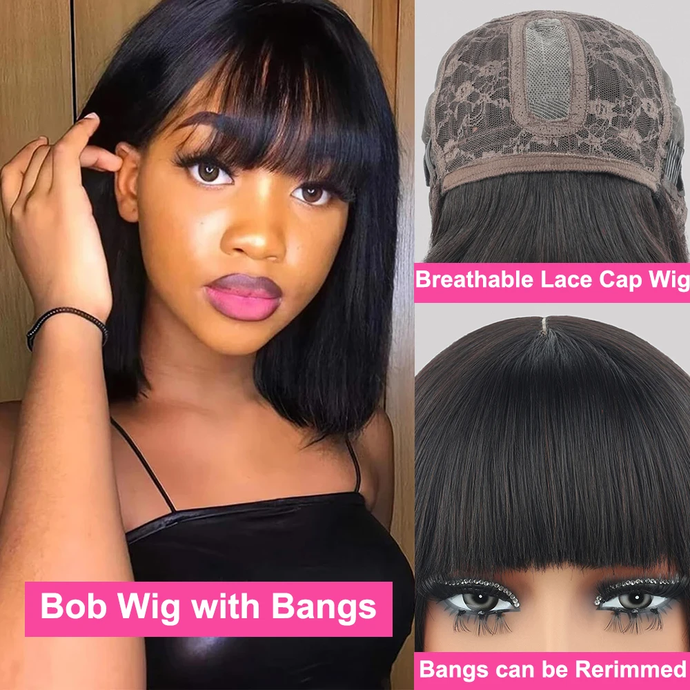 Straight Natural Scalp Raw Human Hair Lace Bob Wig With Bangs 200% Glueless 3x2 Lace Bob Wig With Bangs Drawstring Glueless Wigs