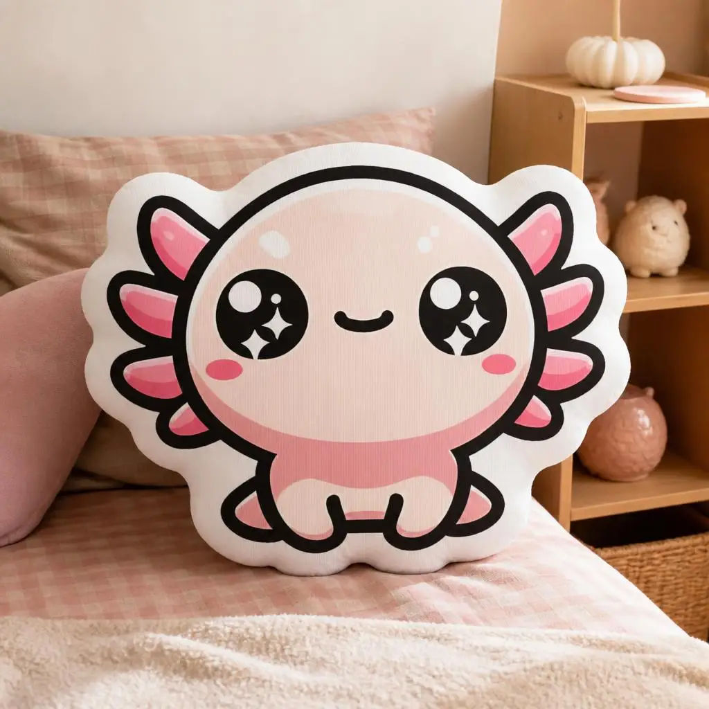 Kawaii Axolotl Shaped Throw Pillow Chibi Salamander Cushion with Sparkling Eyes Stuffed Decorative Sofa Bedroom Home Decor