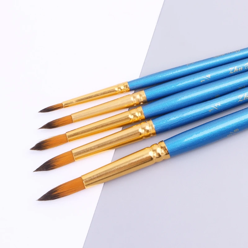 5xWatercolor Gouache Sơn Cọ Đầu Tròn Đầu Nhọn Lông Nylon Bộ Dụng Cụ Nghệ Thuật