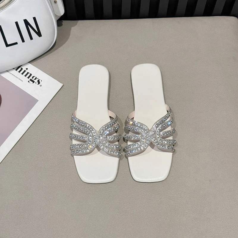 

Square Toe Flat Slippers Ladies Rhinestone Luxury Brand Designer Shoes for Women Crystal Strap Slip-on Slippers Female Zapatos