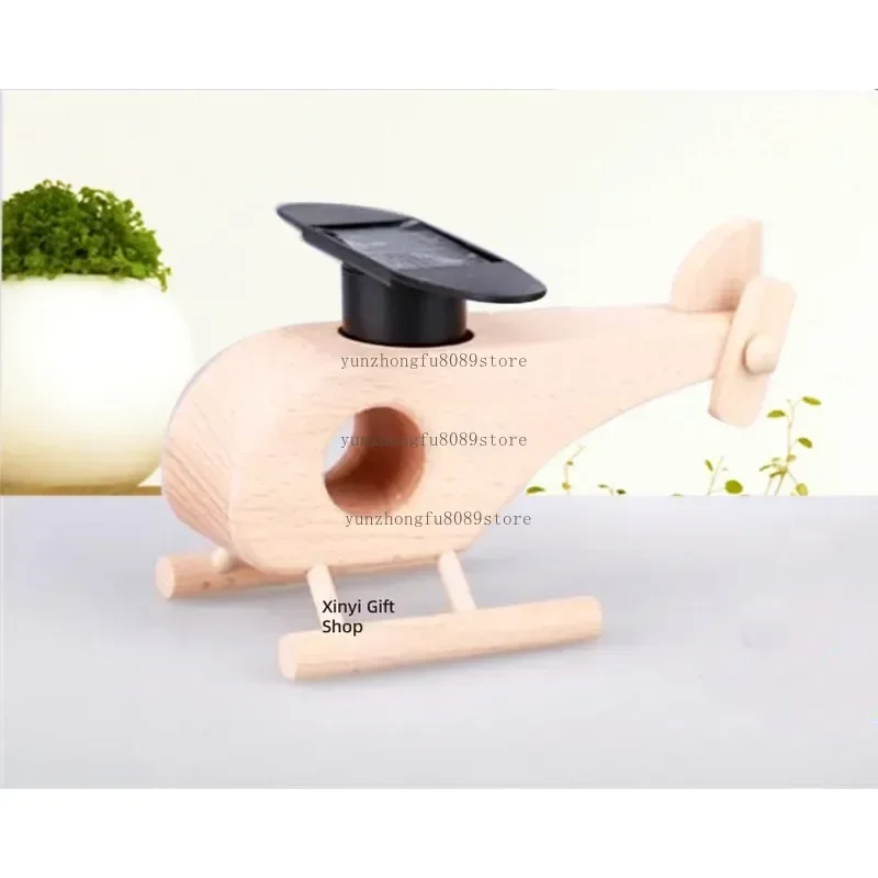 Solar Wood Plane Helicopter Small Production DIY Creative Novelty Center Console Decoration Car Ornament Solid Wood