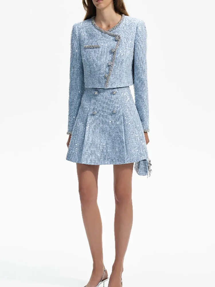 y2k spring/summer round neck slant placket sequin drill button jackets for women2023 high waist tweed midi dresses short sets