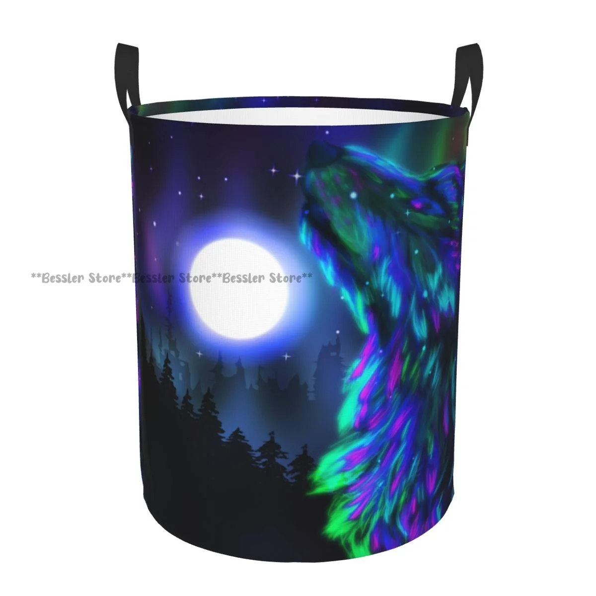 Folding Laundry Basket Northern Aurora Borealis Wolf Starry Night Dirty Clothes Storage Bucket Wardrobe Organizer Hamper