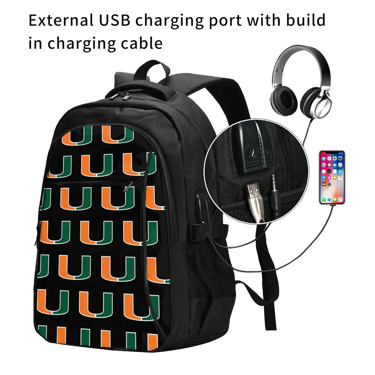 Be Miami Hurricanes Sports Usb Backpacks Fashion Tote Travel Hiking Usb Port Notebook Bags