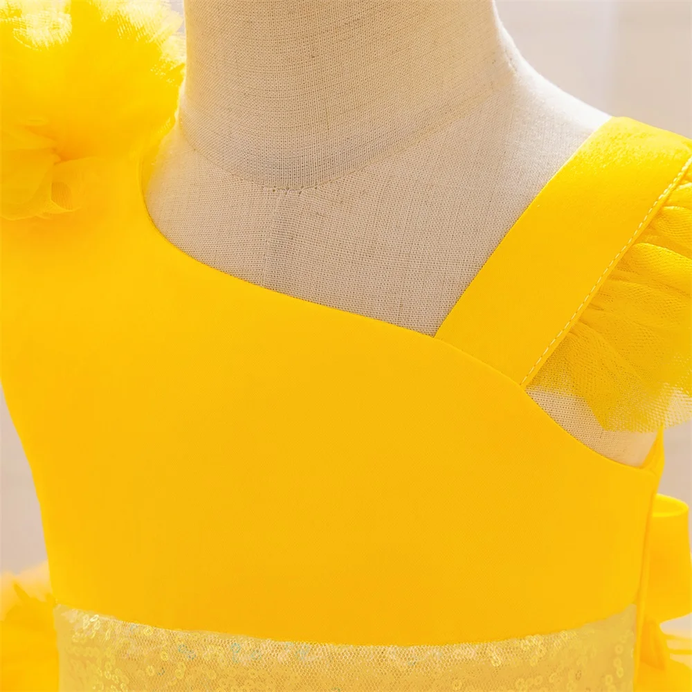 Baby Girls Trailing Birthday Party Dress Kids Yellow Lace Fluffy Costumes Toddler Summer Holiday Dresses Infant Fashion Vestido