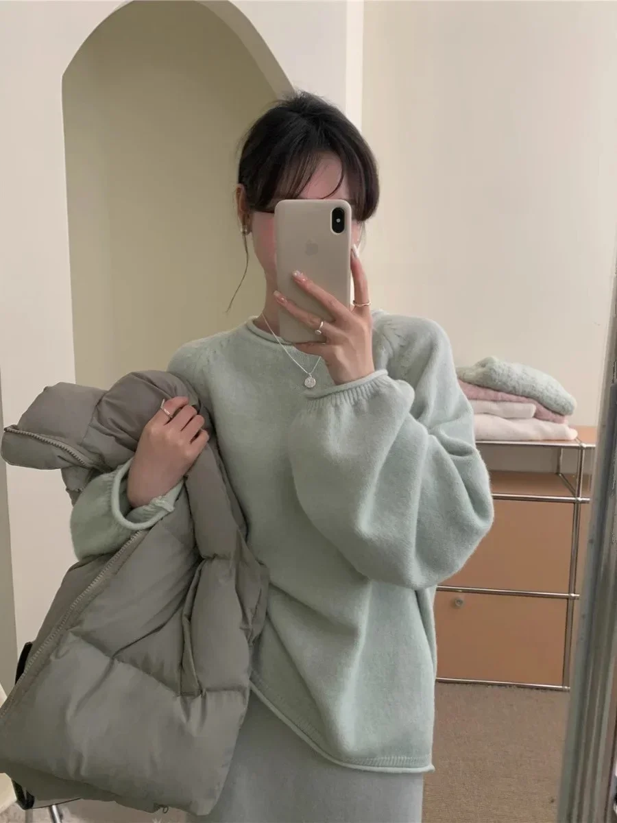 

Match Tops Loose and Lazy Sle Soft Glutinous Curling Sweate Lemon Green Tea Ins round Neck Pullover Korean Wear Easiest for y2k