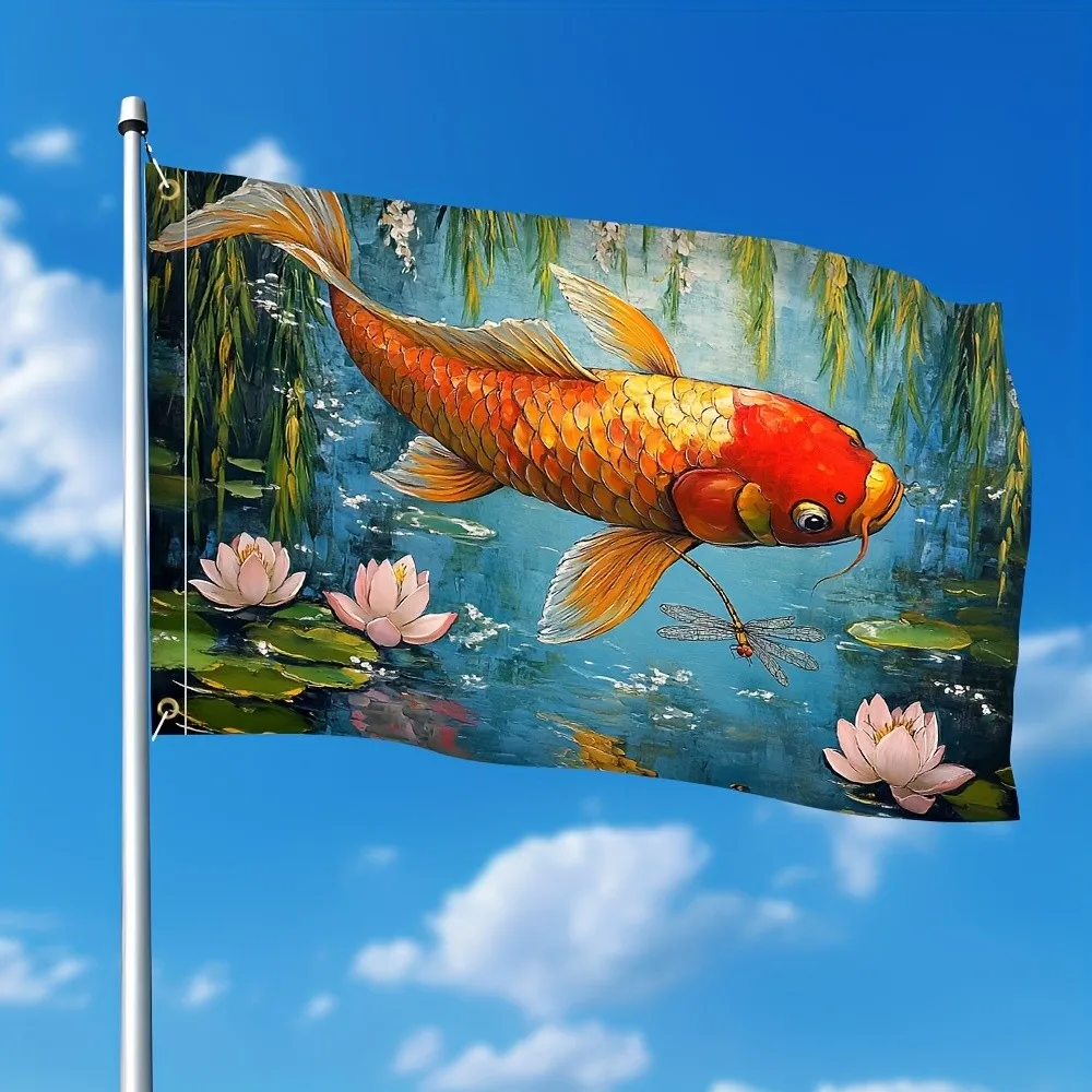 Koi Fish and Water Lilies Painting Polyester Garden Flag Outdoor Porch Banner