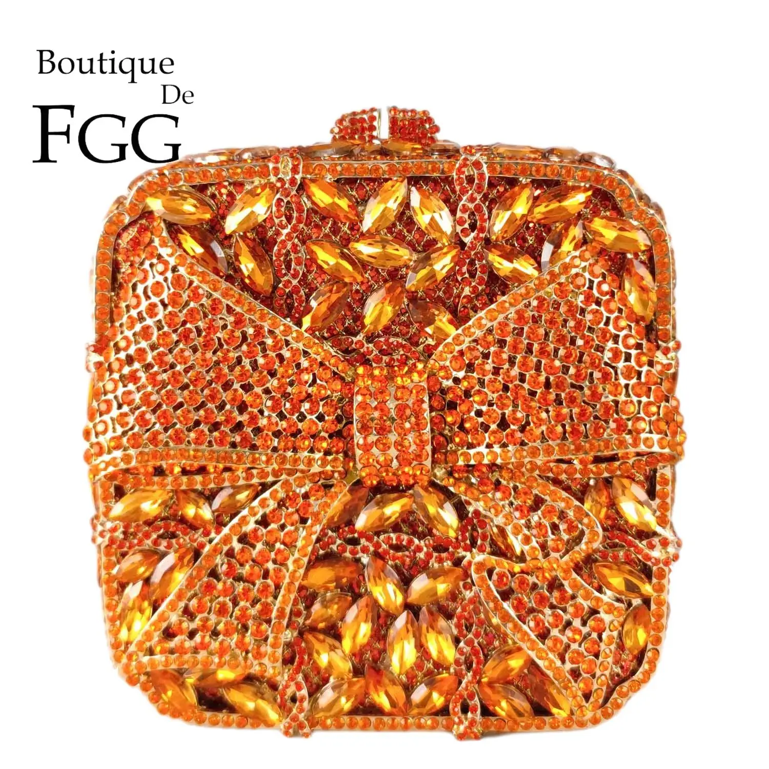 

Boutique De FGG Orange Crystal Clutch Purse Women Formal Party Rhinestone Clutch Bag Bow Diamond Evening Minaudiere Handbags