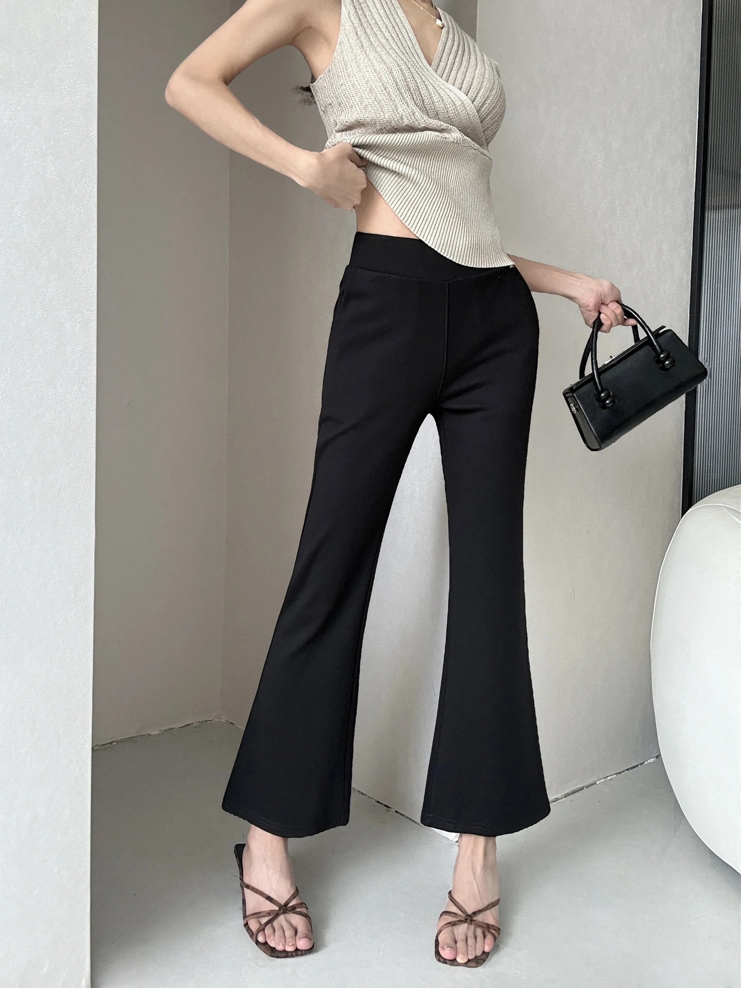 Casual High Waist Micro Flared Pants Women's Slim Fit Elastic Summer New Style Cotton Village Casual Pants Ladies Fashion