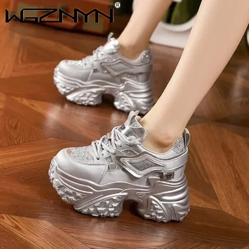 Spring Synthetic Genuine Leather 10cm Chunky Sneakers Women Comfortable Vulcanize Shoes NEW Bling Autumn Boots Mixed Color Shoes