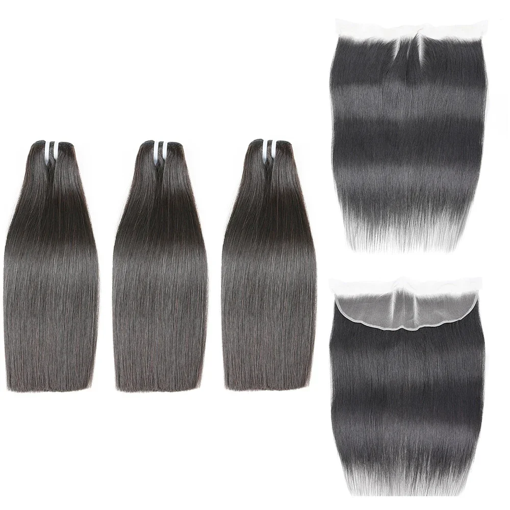 Mechones de cabello liso con cierre Frontal de encaje, cabello humano de Vietnam, tejido de encaje transparente, 13x4, 3 mechones