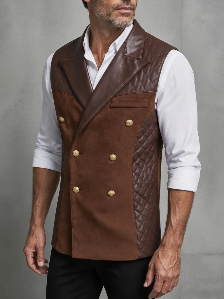 Men's Vintage Brown Faux Leather Spliced Waistcoat Lapel Double‑Breasted Gold Button Slim Fit Vest for Party Business Casual