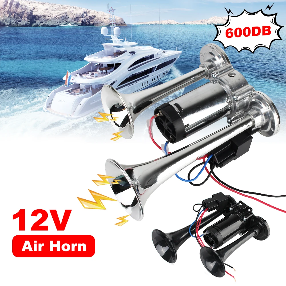 12V Super Loud Car Electric Horn With Air Compressor and Relay For Motorcycle Boat Truck 600dB Hooter Dual Trumpets Modification