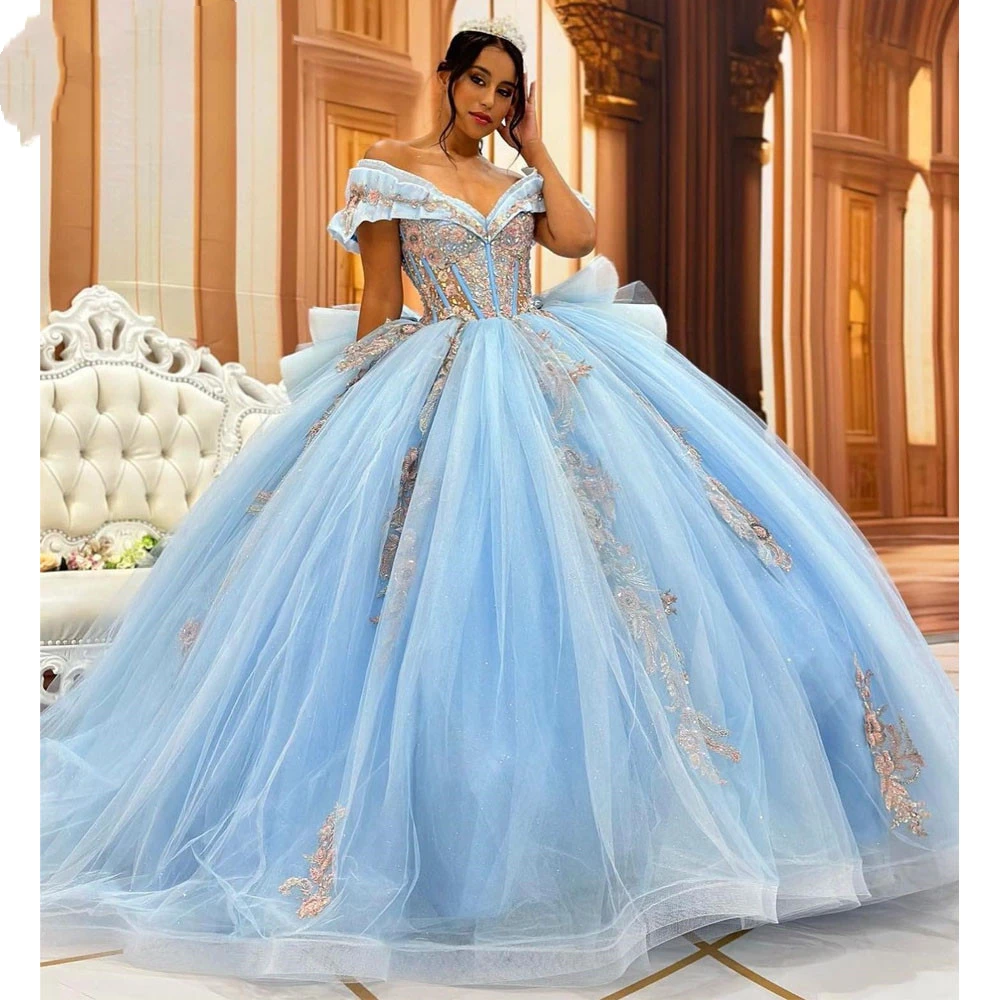 ANGELSBRIDEP Sky Light Blue abiti Quinceanera abito da ballo abito da festa di compleanno Applique perline Tulle lungo formale PrincessGown