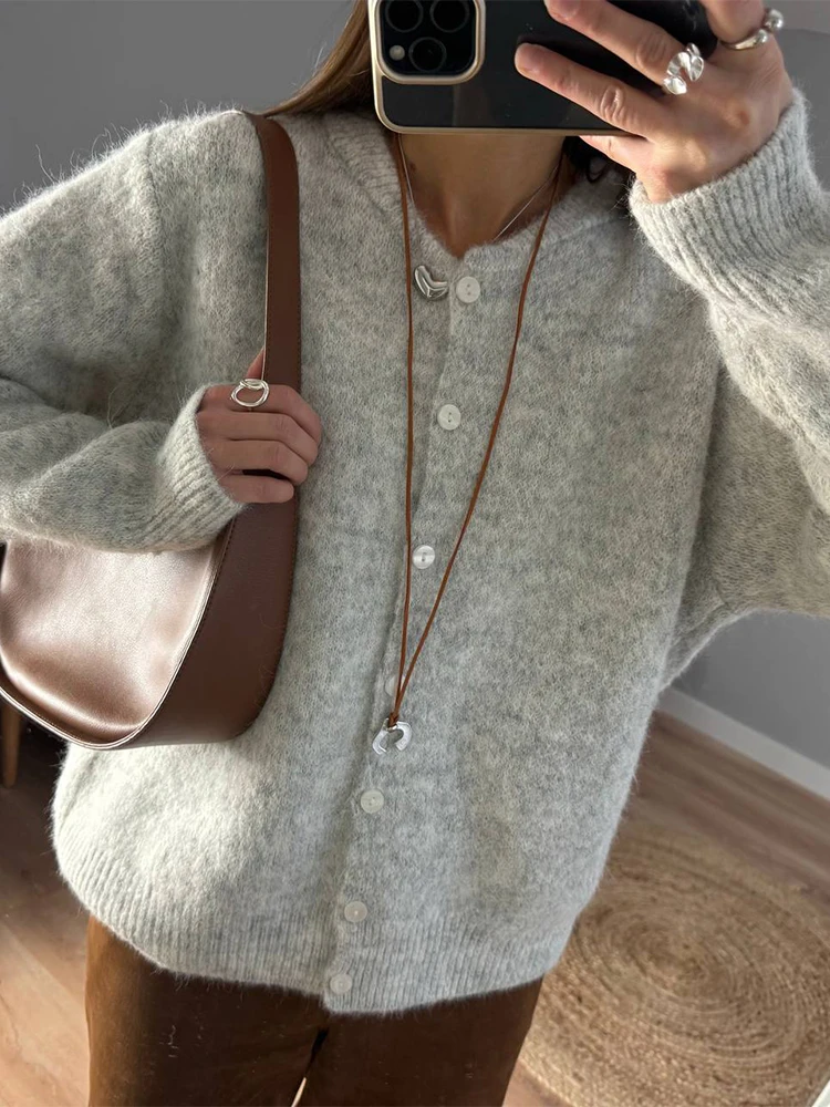 

Осень 2024, женский свободный свитер, пальто, однотонный кардиган с круглым вырезом, офисный трикотаж, однобортный уличный топ с длинными рукавами