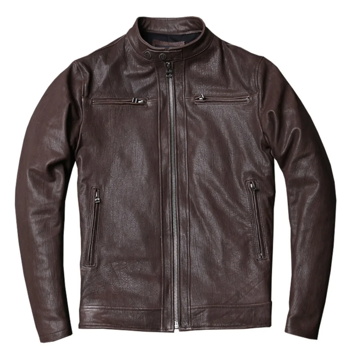 イタリアオイルワックス植物なめし樹皮柄シープスキン本革ジャケットメンズオートバイ立ち襟レザージャケット