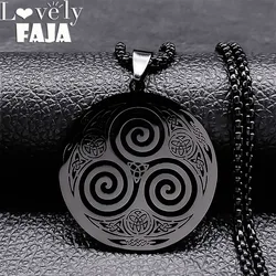 Viking Vortex Triskele Irish Long Necklace Women Stainless Steel Black Celtic Art Necklaces Triskelion Religion Jewelry N7062S0