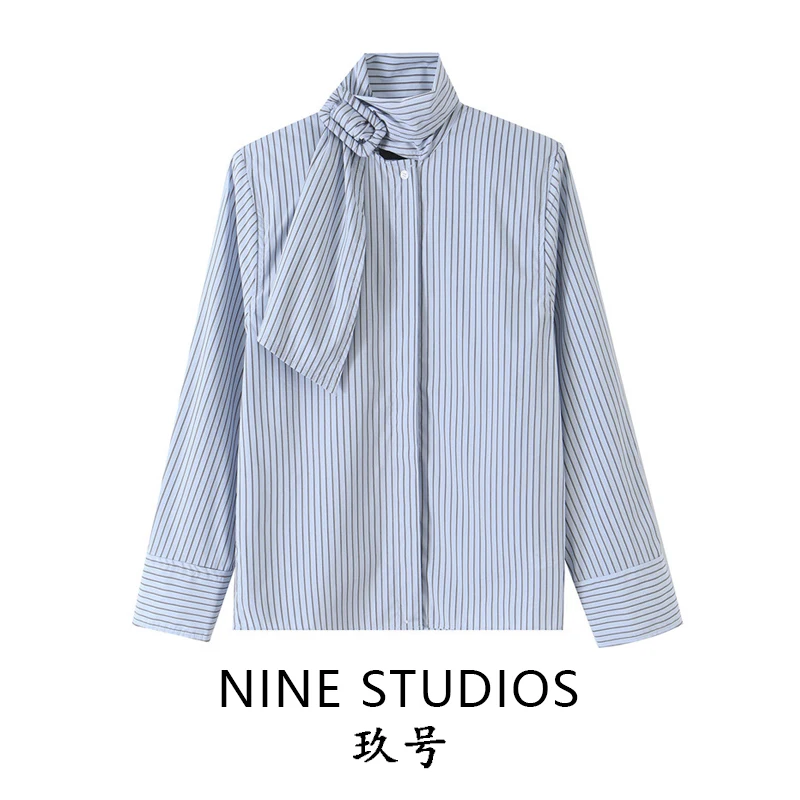 Camisa Holgada de Manga Larga para Mujer NINE ZAR, con Cinturón de Lazo de Mariposa, Top a Rayas, Cómodo, Transpirable, Estil...