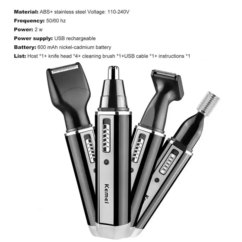 Kemei 4 In 1 Professional ชาร์จจมูกและหูผม Trimmer เครื่องโกนหนวด Personal Care เครื่องมือสําหรับชาย KM-6630