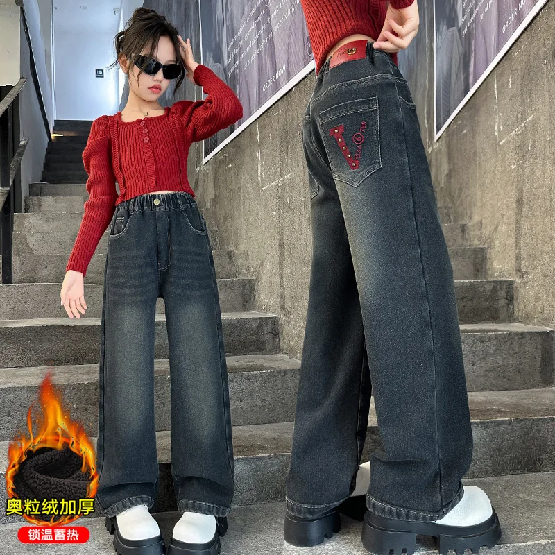 

Korean Style Children Insulated Jeans for Girl Warm and Thick Denim Pants for Teenagers Kids Winter Pocket V Embroidery Trousers