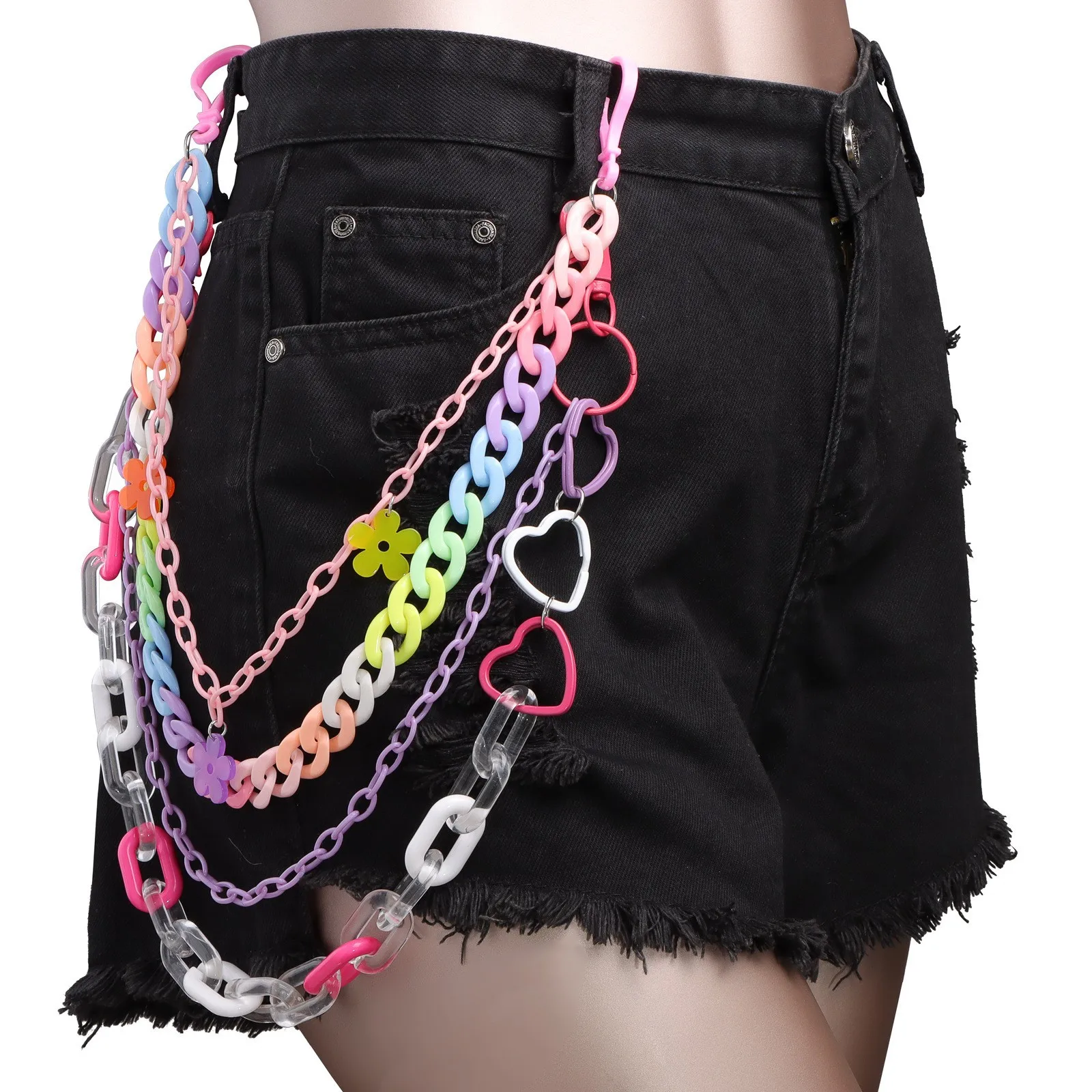 

Punk Bohemian Rainbow Resin Chain Keychains Men Women Hip Hop Waist Chain Multicolor Acrylic Flower or Pants Trousers Jewelry