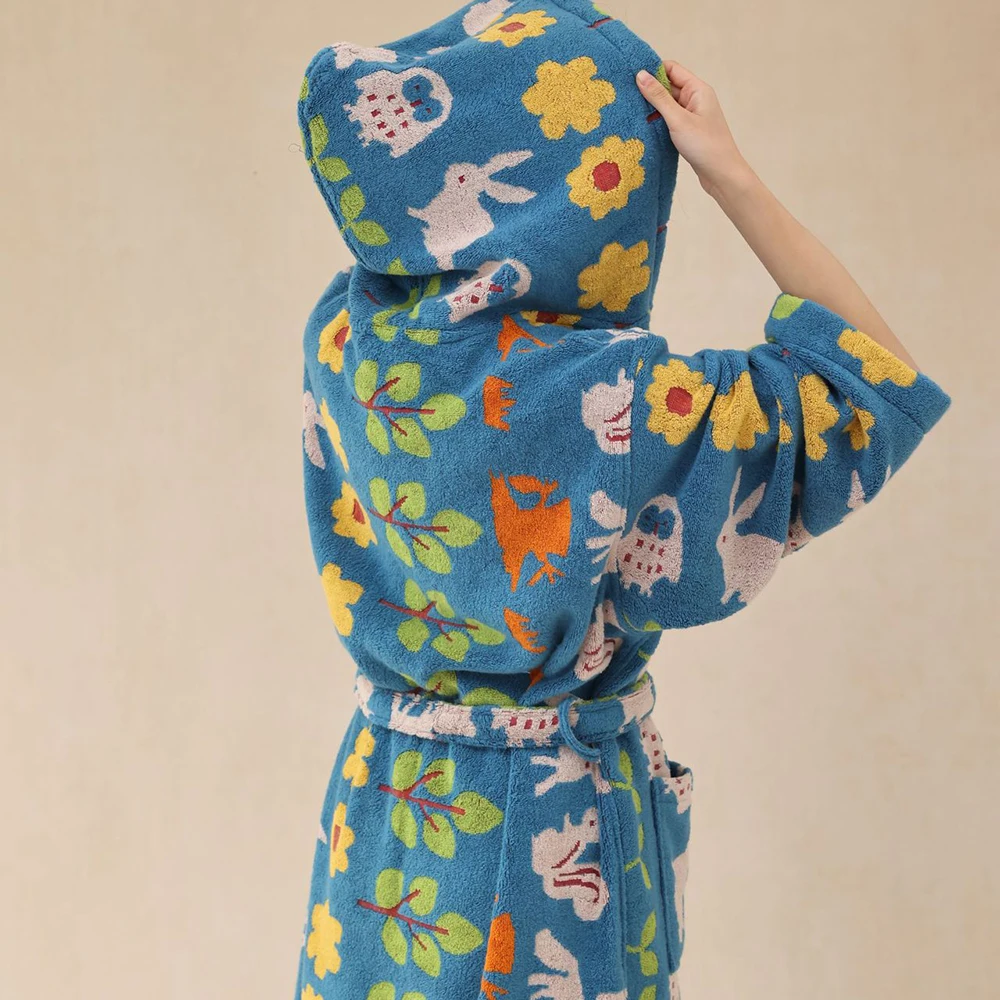 Autumn Winter Cotton Long Robe Adult Kids Terry Towel Hooded Kimono Bath Gown Thicken Warm Sleepwear Lounge Wear Loose Homewear