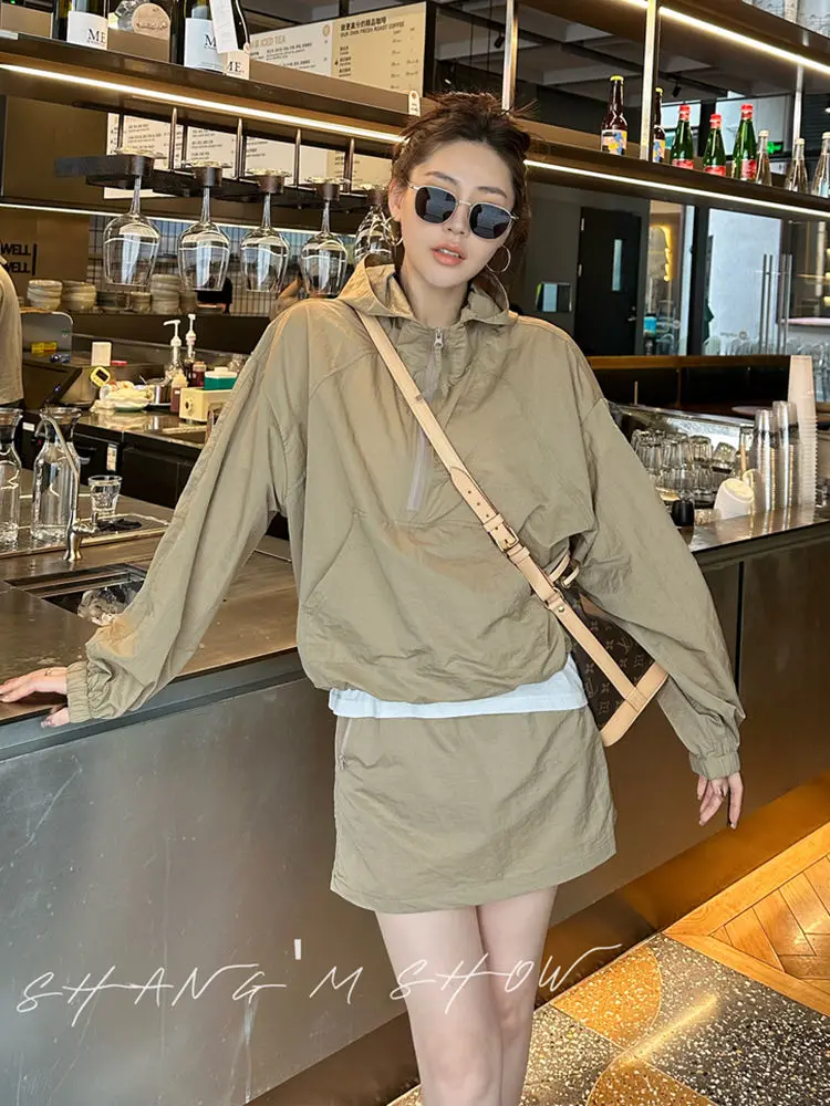 Vintage Casual Hooded Sunscreen Dress Sets Loose Short Skirt Thin Sunscreen Long Sleeve Outdoor Jackets Womens Two Peice Sets