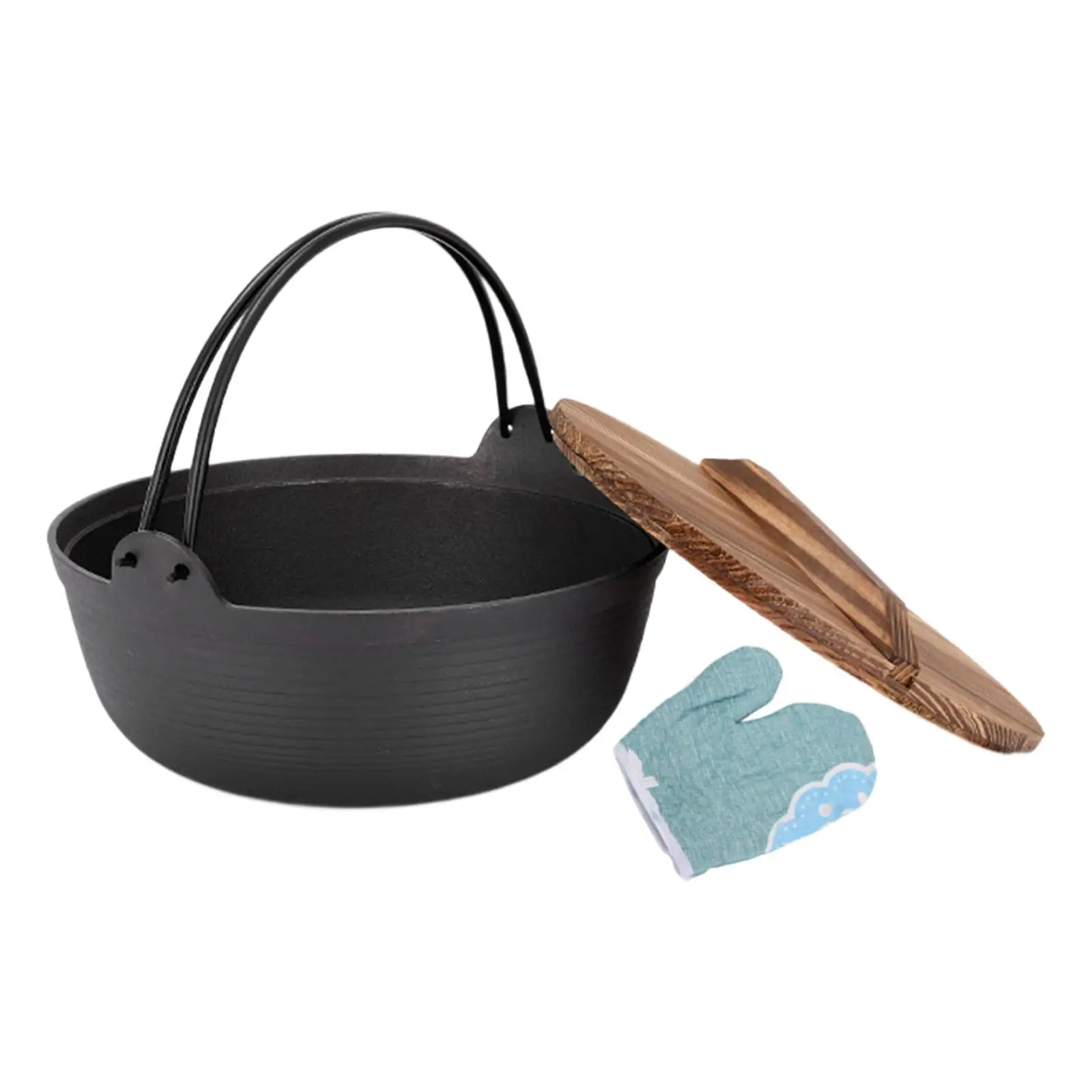 Nabe Sukiyaki Pot Shabu with Wooden Lid Camping Pot Stewpot Hanging Stew Souppot Cast Iron Round Outdoor Cast Iron Sukiyaki Pot