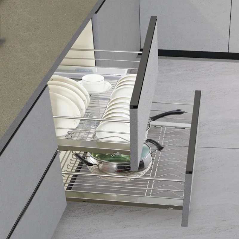 

Kitchen cabinets Double-layer three-sided drawer type damping buffer Dish basket Drainage rack Storage basket Stovetop pot