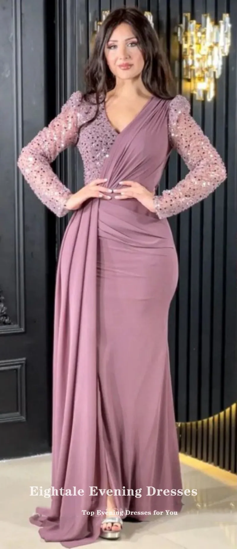 Eightale Elegant Evening Dresses V-Neck Sequin Long Sleeves Mermaid Prom Wedding Party Gowns Arabic Customized Abendkleid