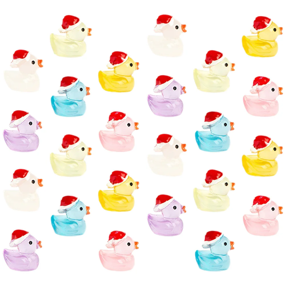 24 Pcs Mini Ducks Micro Landscape Resin Ornament Cartoon Cute Luminous Christmas Snow Scene Decoration Hat Decors Desktop