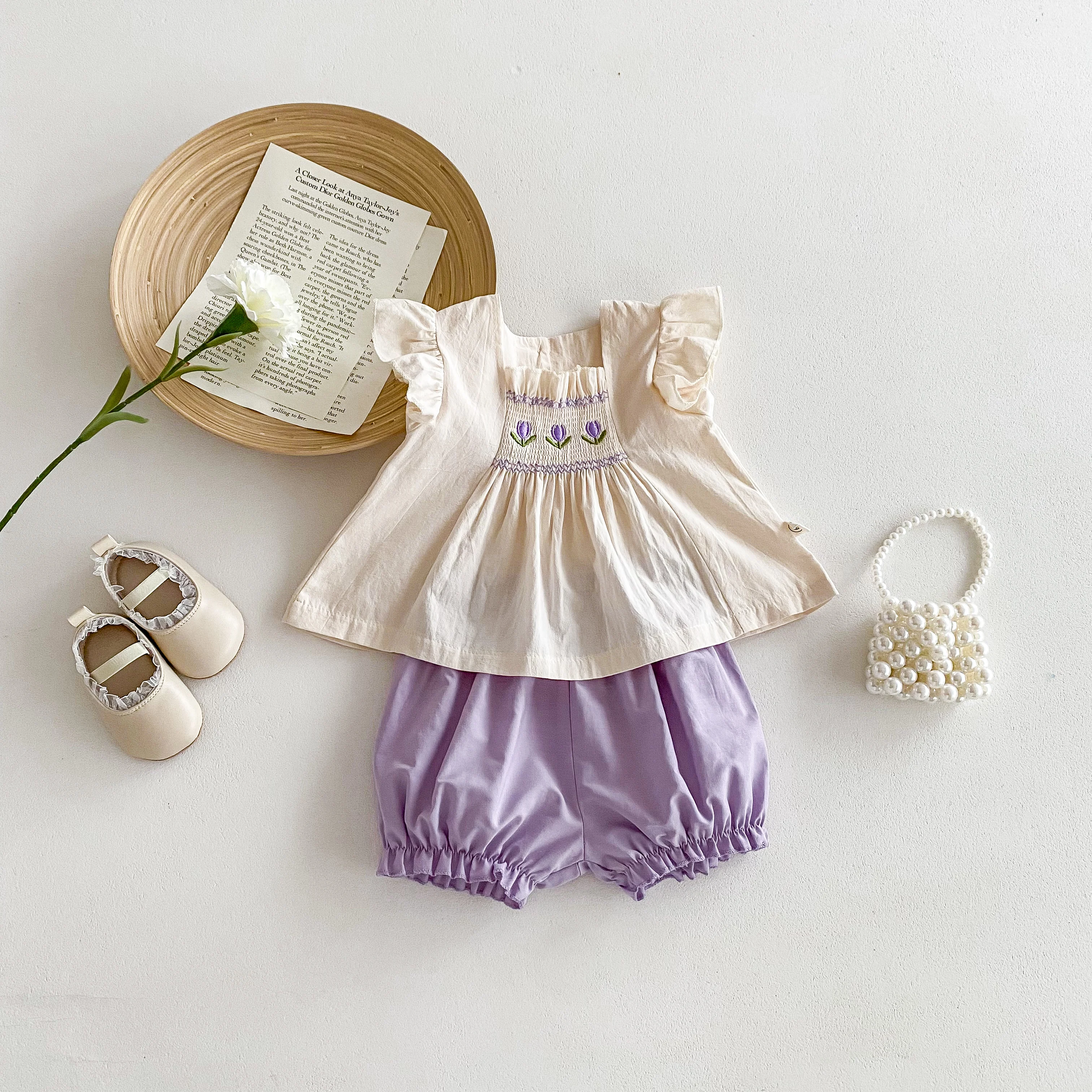 Spring Baby Girls Suit  Korean  Purple Flower Embroidered  Sleeveless Top + Purple Shorts 2pcs Baby Clothes 0-3 Years Old