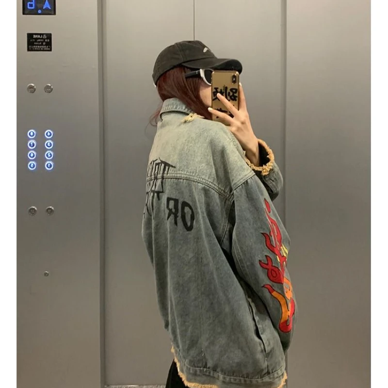 Man Casual Denim Set Vintage Washed Letter Denim Coat+Gradient Drawstring Straight Trousers 2- Piece Unisex Hip Hop Suit 2023