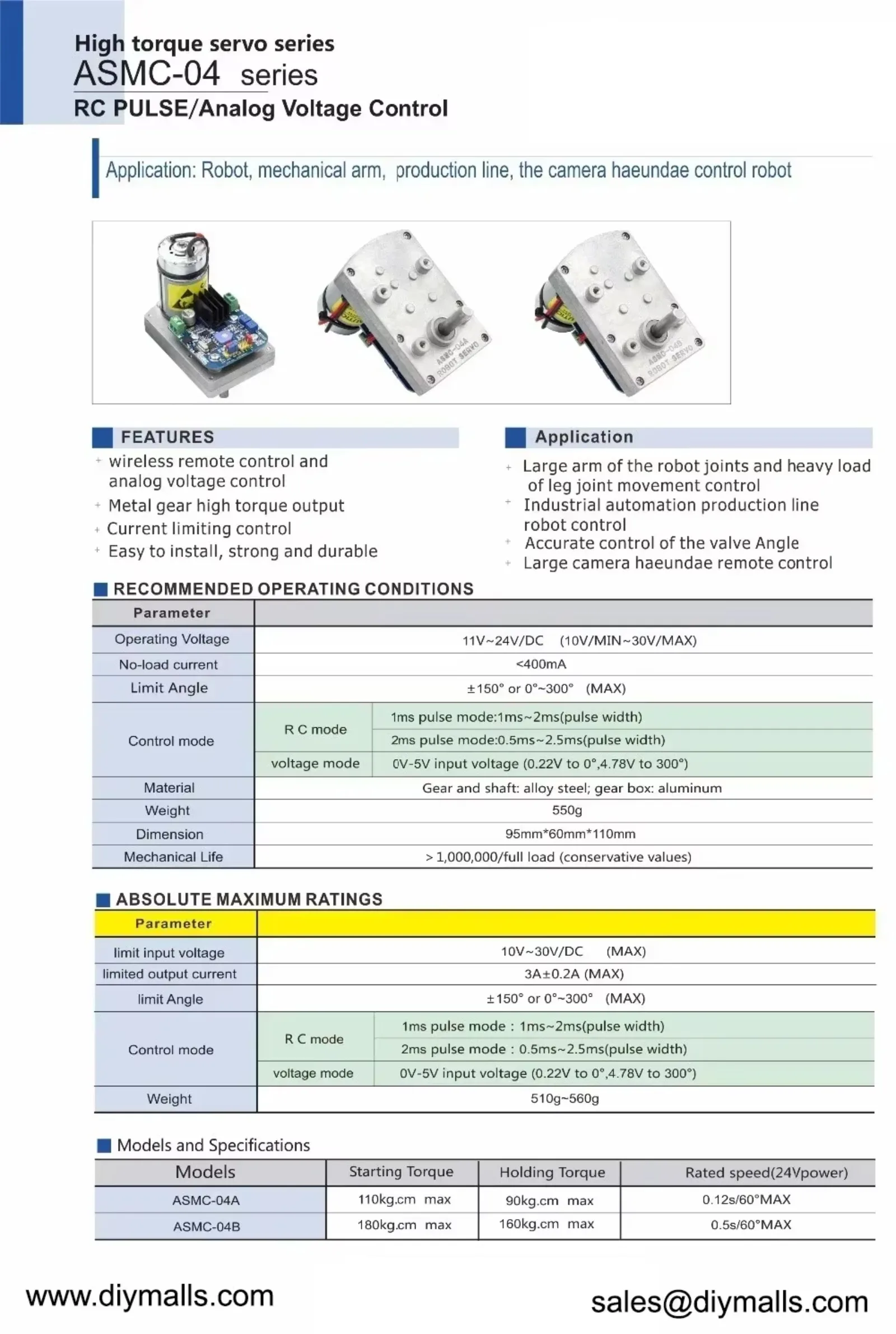 Serwo robotyczne ASMC-05A/05B o wysokim momencie obrotowym 110kg.cm/180kg.cm, wersja ulepszona do samochodów RC, quadrocopterów.