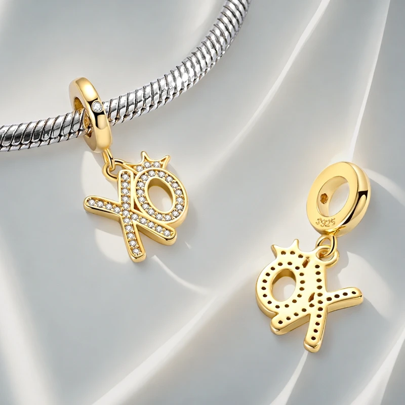 

925 Sterling Silver Golden Charms Bead CZ Zirconium English Dangle Fit Original Bracelet DIY Women Jewelry Gift