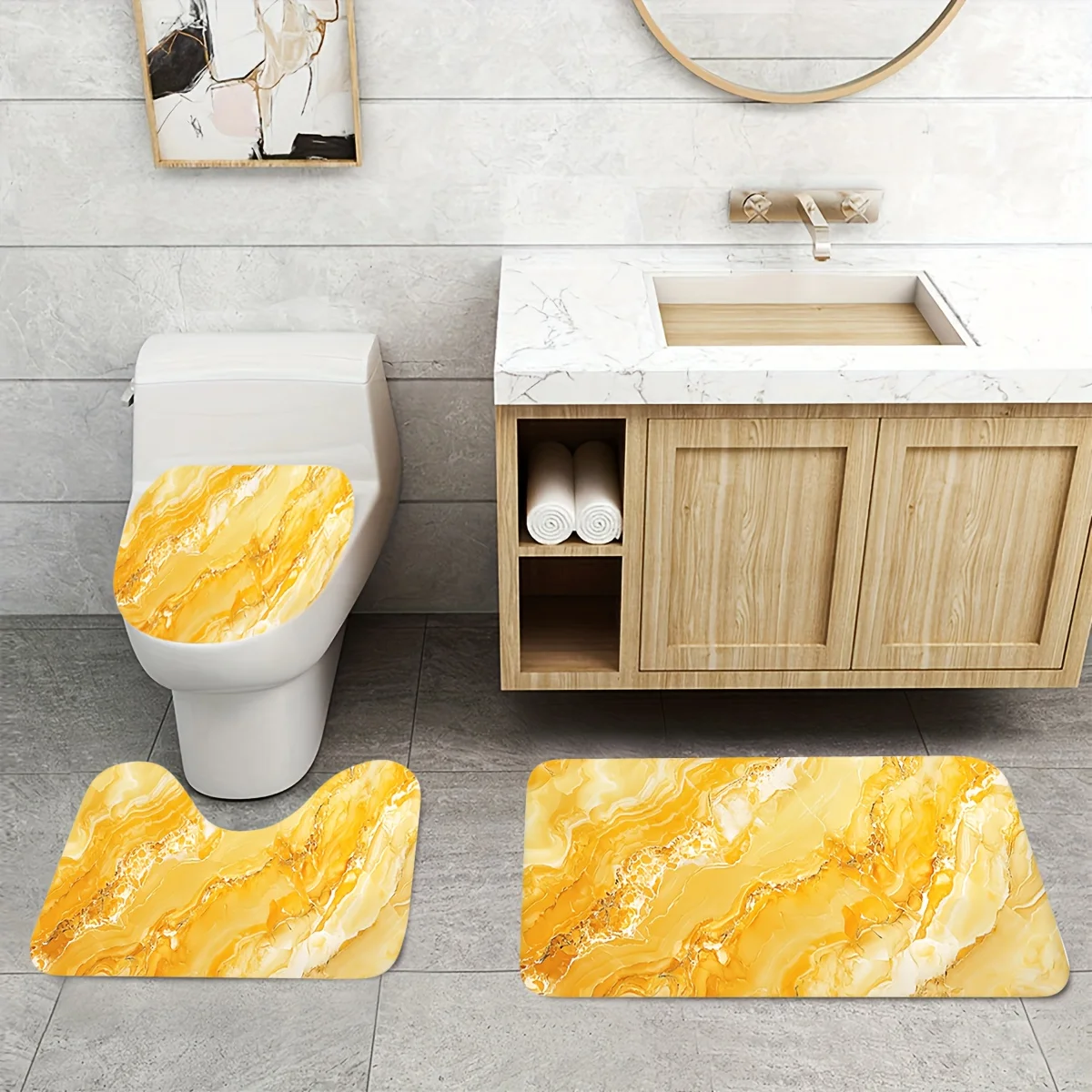 

3 шт. Набор ковриков для ванной комнаты с золотой мраморной текстурой, крышка унитаза, U-образный коврик, фланелевой материал, мягкая поверхность, нескользящие коврики для ванной