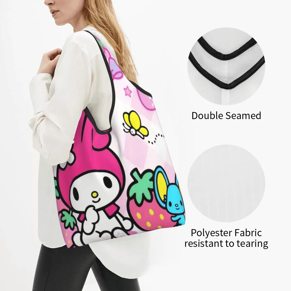 Custom Reusable Cartoon My Melody Sanrio Japan Anime Shopping Bag Women Tote Bag Portable Groceries Shopper Bags